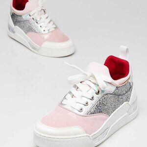 Christian Louboutin Pink/White Leather Holographic Glitter Aurelian Sneakers